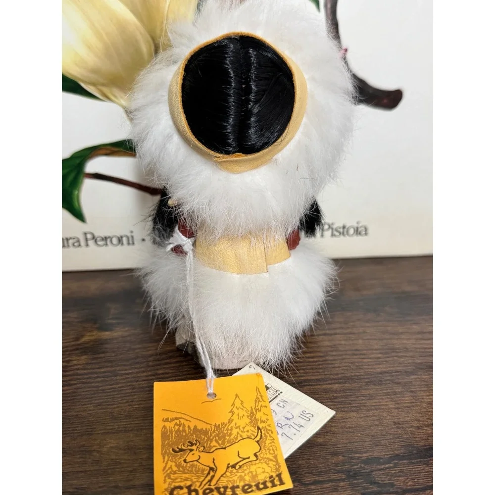 Vintage Chevreuil Doll White Fur Parka Leather Vest Birch Log Base 5